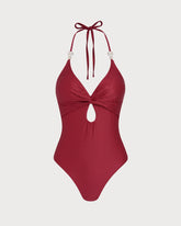 Red Halter Bralette One Piece Swimwear | Rihoas