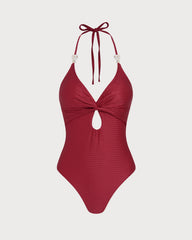 Red Halter Bralette One Piece Swimwear | Rihoas