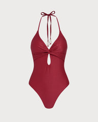 Red Halter Bralette One Piece Swimwear | Rihoas