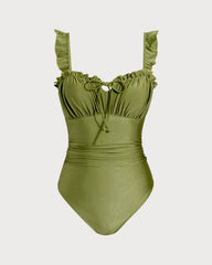Green Ruched Bralette One Piece Swimwear | Rihoas