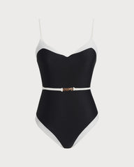 Black Contrasting V Neck One Piece Swimwear | Rihoas