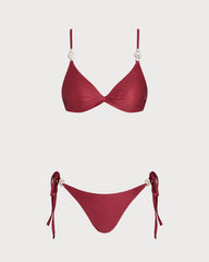 Red V Neck Triangle Drawstring Bikini Set | Rihoas