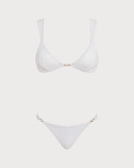 White V Neck Textured Bralette Bikini Set | Rihoas