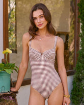 Coffee Plaid Underwire One Piece Swimwear | Rihoas