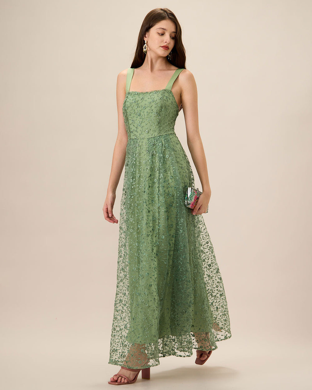 Women's Green Embroidery Mesh Slip Maxi Dress | Rihoas
