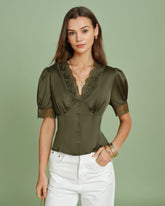 Green V Neck Puffed Sleeve Lace Blouse | Rihoas