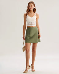 Green Satin Elastic Waist A-Line Mini Skirt | Rihoas
