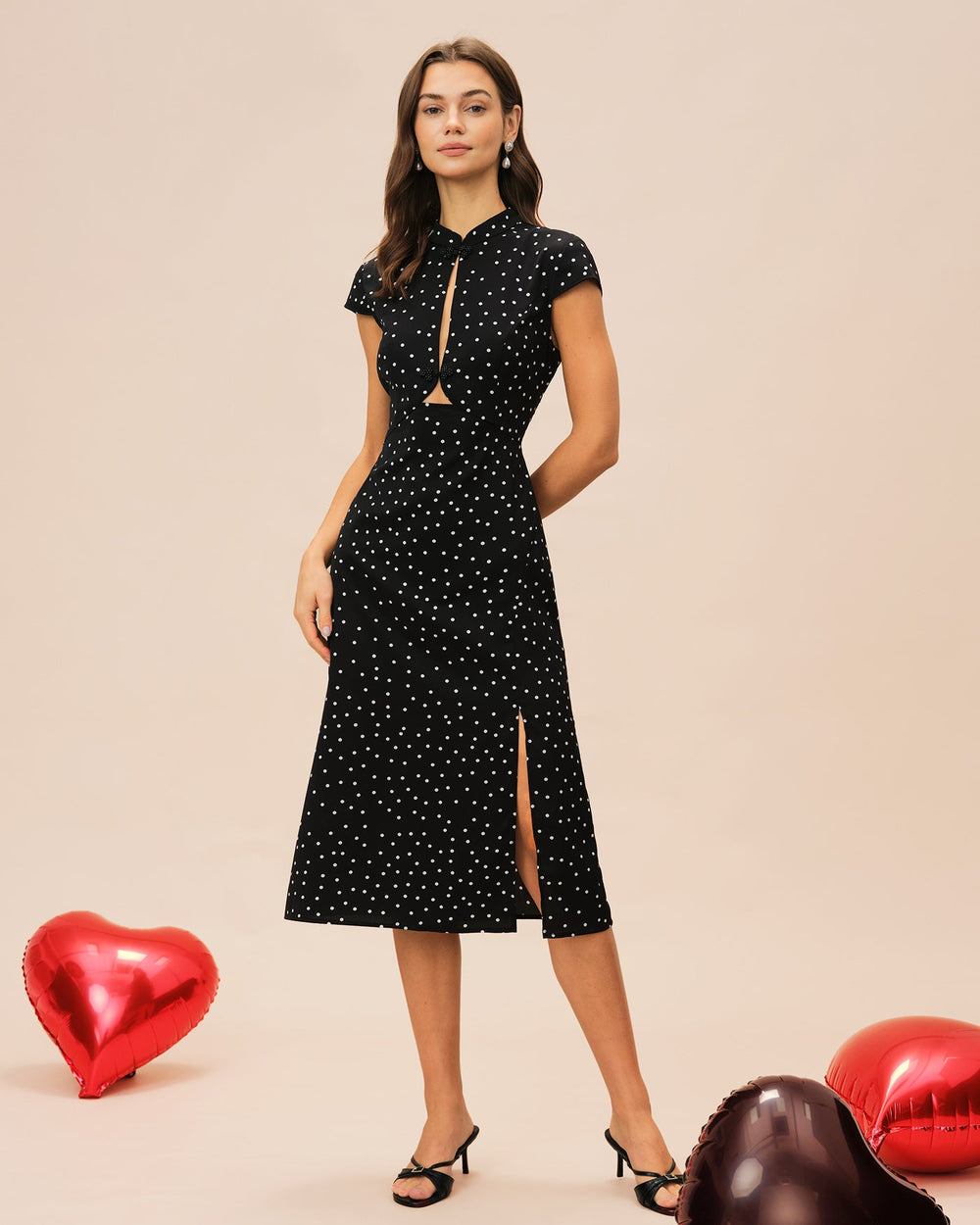 Black Mandarin Collar Polka Dot Midi Dress | Rihoas