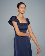 Navy Square Neck Satin Maxi Dress | Rihoas