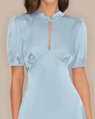 Blue Puffed Sleeve Backless Satin Midi Dress | Rihoas