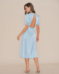 Blue Puffed Sleeve Backless Satin Midi Dress | Rihoas