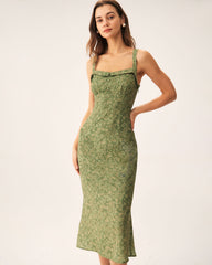 Green Floral Square Neck Slip Midi Dress | Rihoas