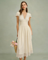 Apricot V Neck Lace Maxi Dress | Rihoas