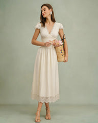 Apricot V Neck Lace Maxi Dress | Rihoas