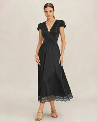Black V Neck Lace Puffed Sleeve Maxi Dress | Rihoas