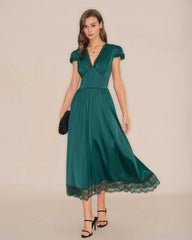 Green V Neck Lace Maxi Dress | Rihoas