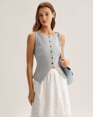 Blue Textured Button Vest | Rihoas