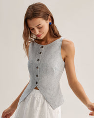 Blue Textured Button Vest | Rihoas