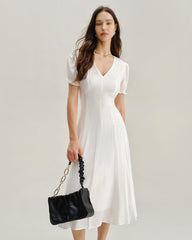 White Puffed Sleeve V Neck Midi Dress | Rihoas