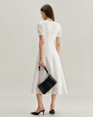 White Puffed Sleeve V Neck Midi Dress | Rihoas