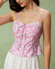 Pink Floral Sweetheart Neck Cami Top | Rihoas