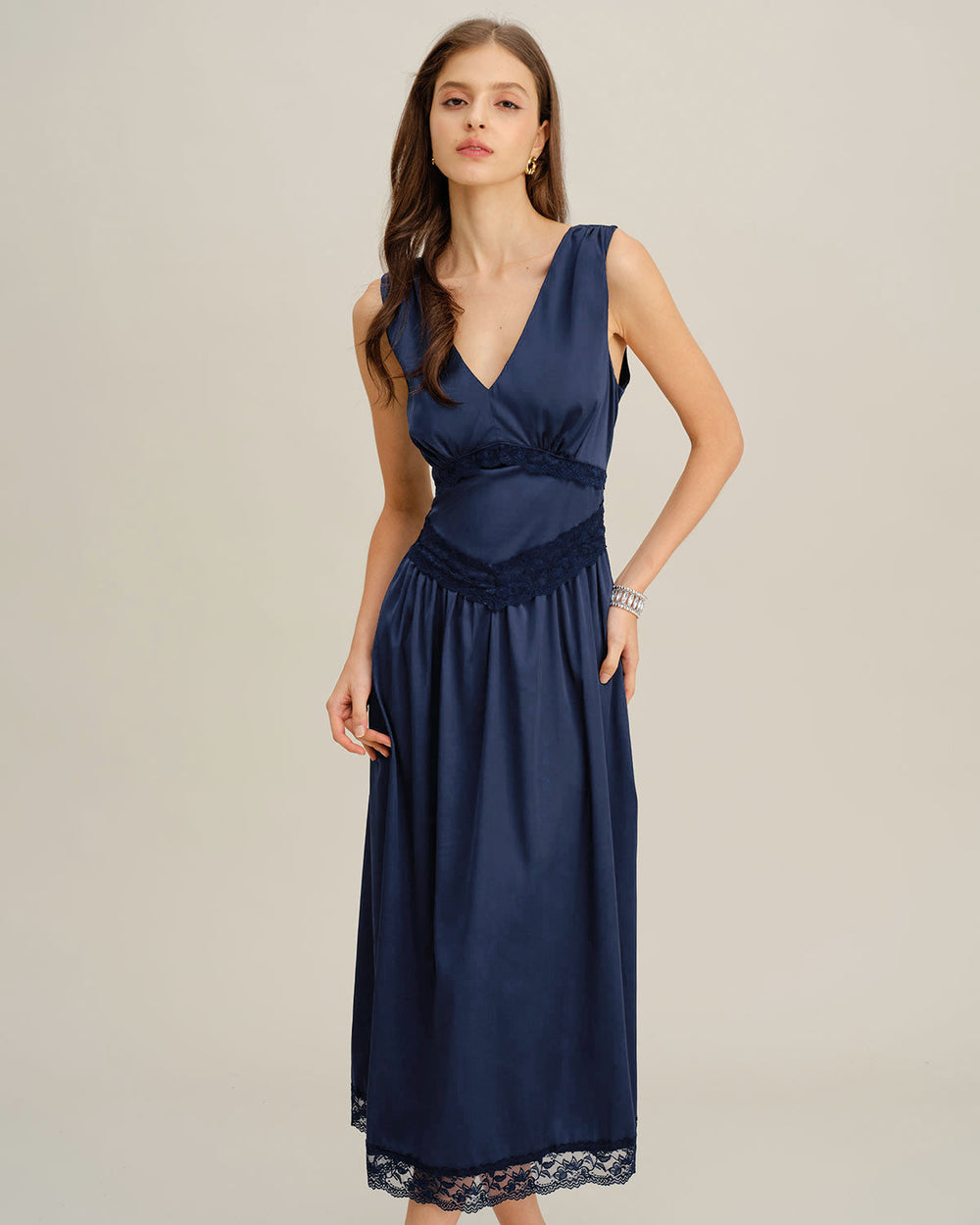 Blue V Neck A-Line Sleeveless Midi Dress | Rihoas