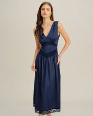 Blue V Neck A-Line Sleeveless Midi Dress | Rihoas