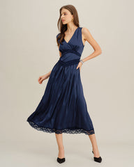 Blue V Neck A-Line Sleeveless Midi Dress | Rihoas