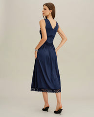 Blue V Neck A-Line Sleeveless Midi Dress | Rihoas