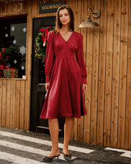 Wine Red Satin V Neck Midi Dress | Rihoas