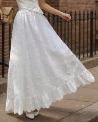 White Floral Elastic Waist Midi Skirt | Rihoas