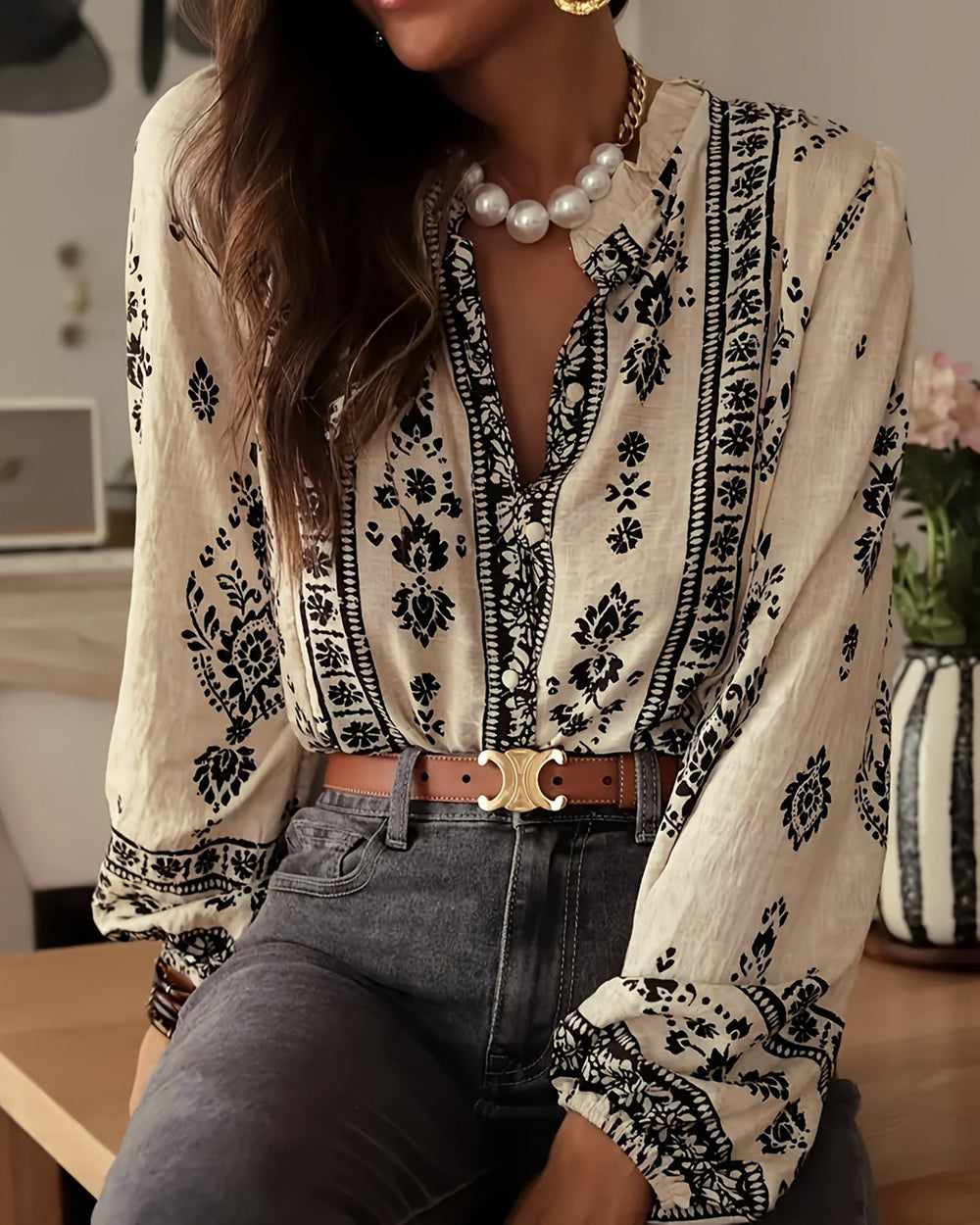 Apricot Floral Ruffled Bishop Sleeve Shirt | Rihoas