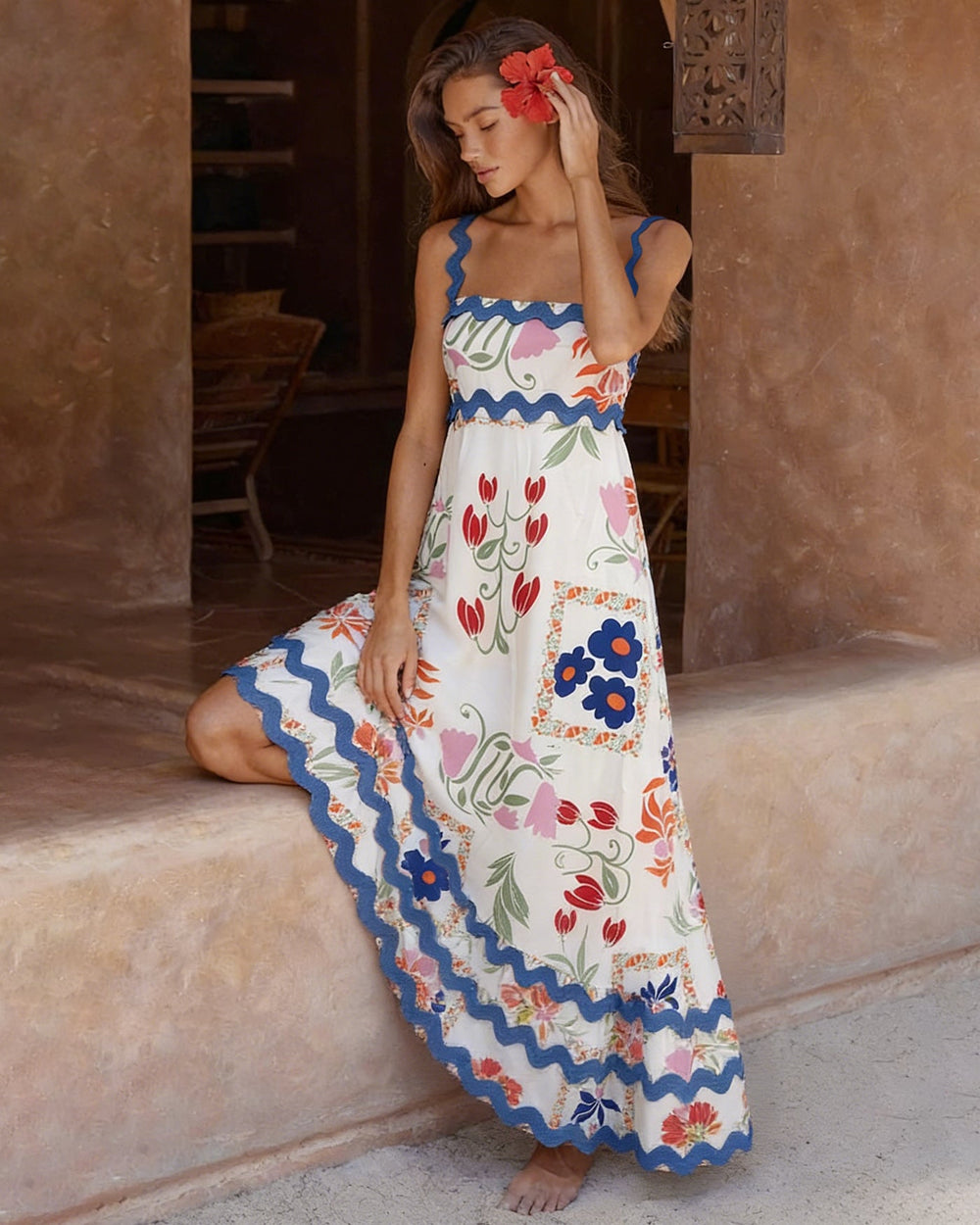 Floral Splicing Contrasting Slip Midi Dress | Rihoas