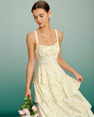 Yellow Floral Ruched Slip Maxi Dress | Rihoas