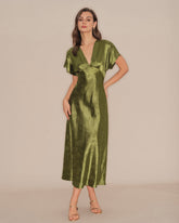 Green V Neck Pleated Floral Midi Dress | Rihoas