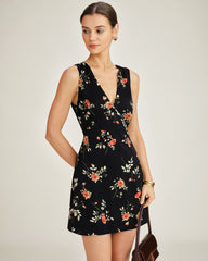 Black V Neck Floral A-Line Mini Dress | Rihoas