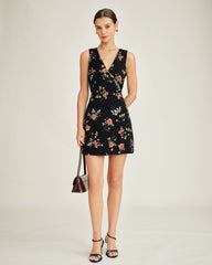 Black V Neck Floral A-Line Mini Dress | Rihoas