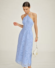 Blue Halter Jacquard Slip Maxi Dress | Rihoas