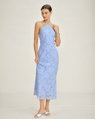 Blue Halter Jacquard Slip Maxi Dress | Rihoas