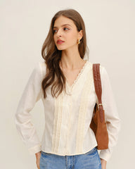 Apricot V Neck Lace Shirt | Rihoas