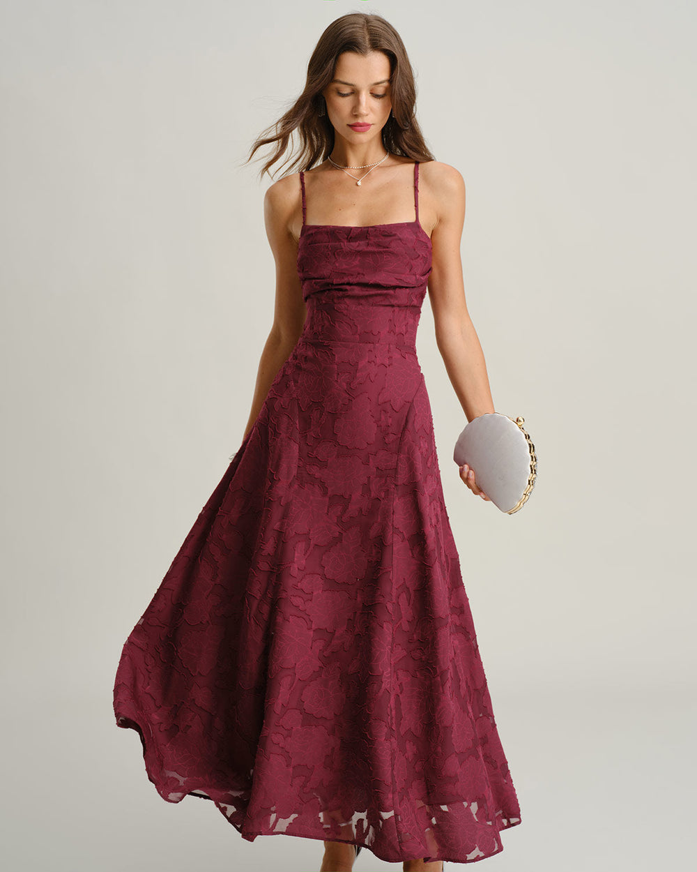 Wine Red Jacquard Slip Maxi Dress | Rihoas