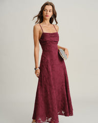 Wine Red Jacquard Slip Maxi Dress | Rihoas