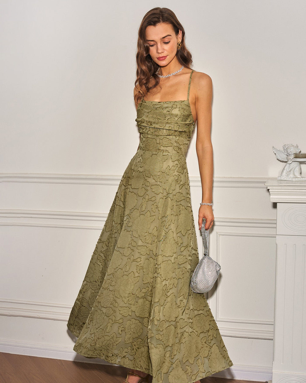 Green X Cross Jacquard Slip Maxi Dress | Rihoas