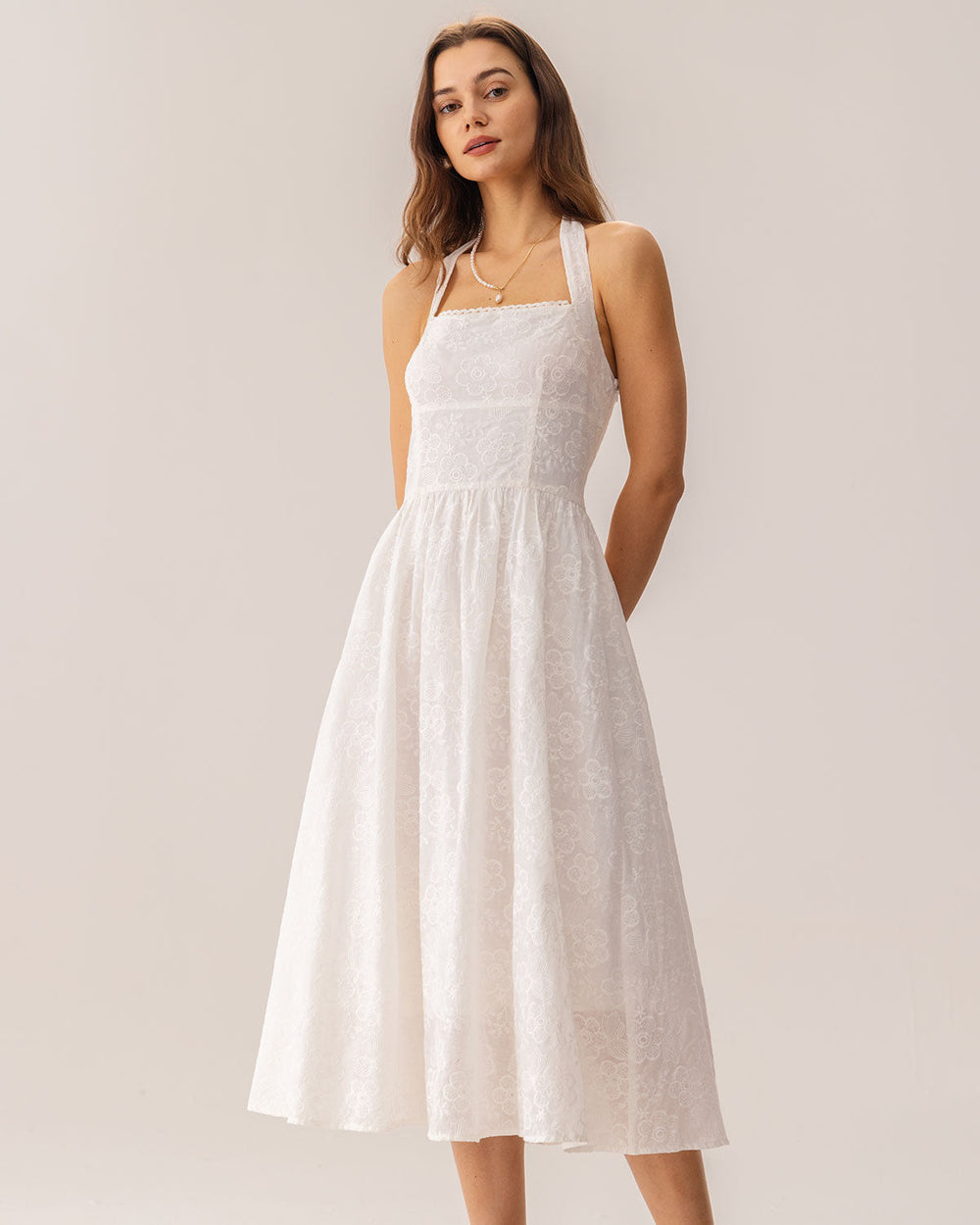 White Embroidery Halter Midi Dress | Rihoas
