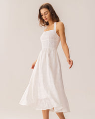 White Embroidery Halter Midi Dress | Rihoas