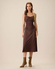 Women's Coffee Ruched Knitted Slip Midi Dress | Rihoas