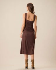 Women's Coffee Ruched Knitted Slip Midi Dress | Rihoas