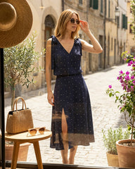 Navy Polka Dot Slit Midi Skirt | Rihoas