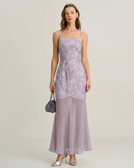 Purple Sequins Jacquard Slip Maxi Dress | Rihoas