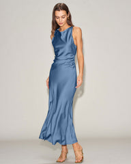 Blue Satin Boat Neck Slip Midi Dress | Rihoas